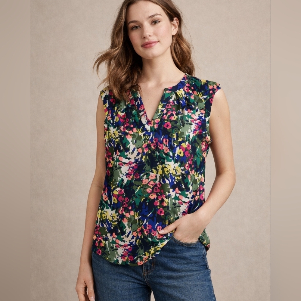 J.Crew colorful floral Sleeveless Vneck  blouse size 2 preppy cottagecore top‎